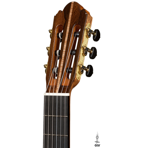The headstock of a 2026 Wolfgang Jellinghaus "Signature CD/CD" classical guitar made of cedar and ziricote