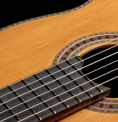 The soundboard and rosette of a 2025 Wolfgang Jellinghaus "Signature CD/SP" classical guitar made of cedar/spruce and granadillo