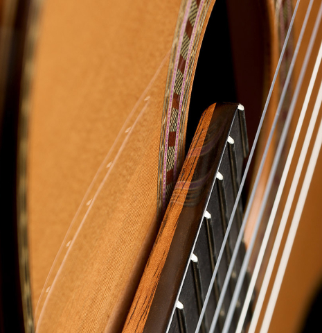 The elevated fingerboard and top of a 2025 Wolfgang Jellinghaus "Signature CD/SP" classical guitar made of cedar/spruce and granadillo