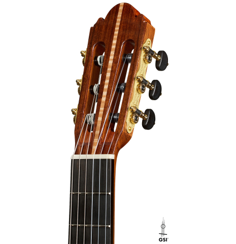The headstock of a 2025 Wolfgang Jellinghaus "Signature CD/SP" classical guitar made of cedar/spruce and granadillo