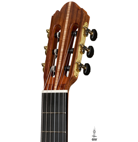 The headstock of a 2026 Wolfgang Jellinghaus "Signature CD/SP" classical guitar made of cedar/spruce and granadillo