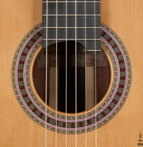 The rosette of a 2026 Wolfgang Jellinghaus "Signature CD/SP" classical guitar made of cedar/spruce and granadillo
