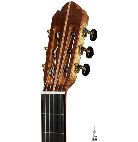 The headstock of a 2026 Wolfgang Jellinghaus "Signature SP/SP" classical guitar made of spruce/spruce top and granadillo back and sides