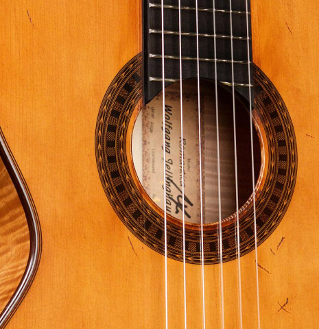 The soundboard and rosette of a Wolfgang Jellinghaus "La Romantica 1a" made of spruce and maple