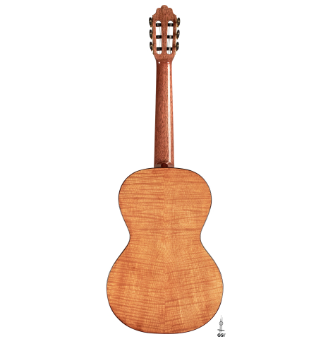 The back of a 2023 Wolfgang Jellinghaus "La Romantica 1a" romantic guitar made with spruce and maple.