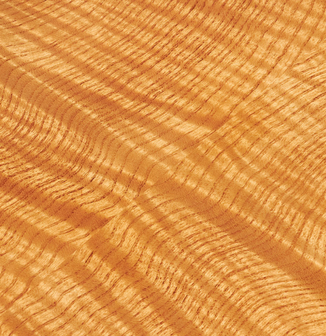 The back of a 2023 Wolfgang Jellinghaus "La Romantica 1a" romantic guitar made with spruce and maple.