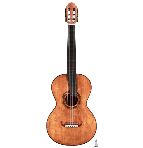 The front of a 2023 Wolfgang Jellinghaus "La Romantica 1a" romantic guitar made with spruce and maple.
