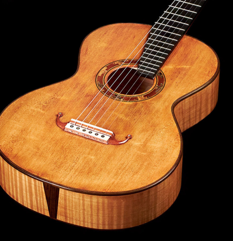 The front of a 2023 Wolfgang Jellinghaus "La Romantica 1a" romantic guitar made with spruce and maple.
