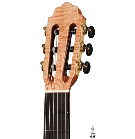The headstock of a 2023 Wolfgang Jellinghaus "La Romantica 1a" romantic guitar made with spruce and maple.