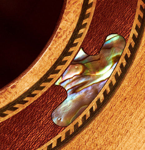 The rosette of a 2023 Wolfgang Jellinghaus "La Romantica 1a" romantic guitar made with spruce and maple.