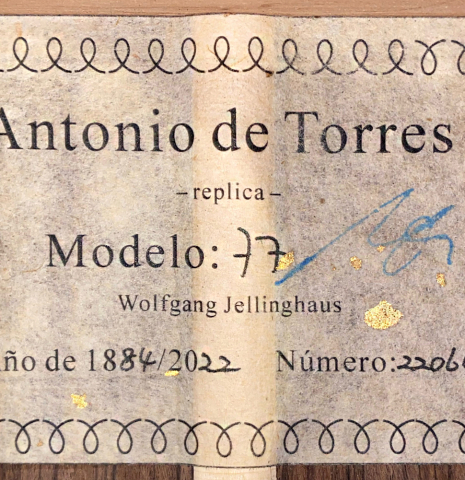 This is the label of a 2022 Wolfgang Jellinghaus &quot;Torres 77&quot; classical guitar
