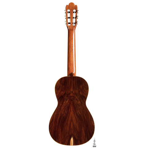 The back of a Wolfgang Jellinghaus "Torres 77" classical guitar made of spruce and pau ferro