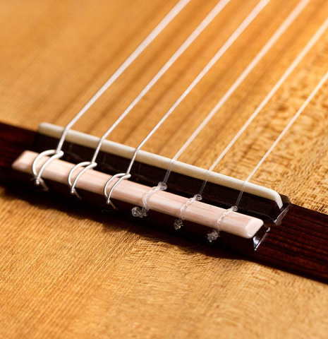 This is the bridge, tie-block and saddle of a Wolfgang Jellinghaus "Torres 77" classical guitar made of spruce and pau ferro
