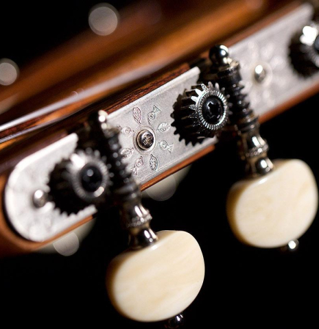 This is the headstock and machine heads of a Wolfgang Jellinghaus "Torres 77" classical guitar made of spruce and pau ferro