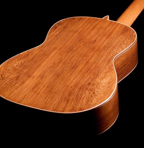 The back of a 2020 Wolfgang Jellinghaus "Alemana EF CD/CD" CD/AR classical guitar made with double top cedar and African rosewood back and sides The back of a 2020 Wolfgang Jellinghaus "Alemana EF CD/CD" CD/AR classical guitar made with double top cedar and African rosewood back and sides