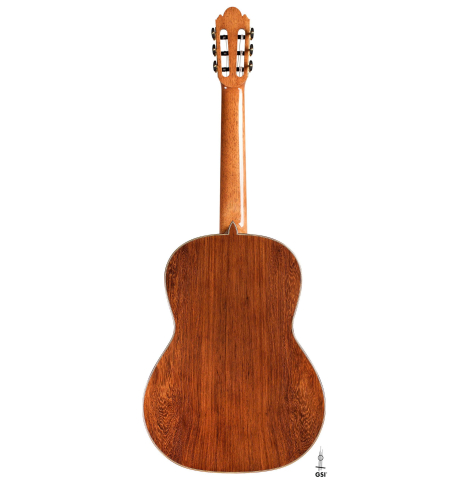 The back of a 2020 Wolfgang Jellinghaus "Alemana EF CD/CD" CD/AR classical guitar made with double top cedar and African rosewood back and sides The back of a 2020 Wolfgang Jellinghaus "Alemana EF CD/CD" CD/AR classical guitar made with double top cedar and African rosewood back and sides