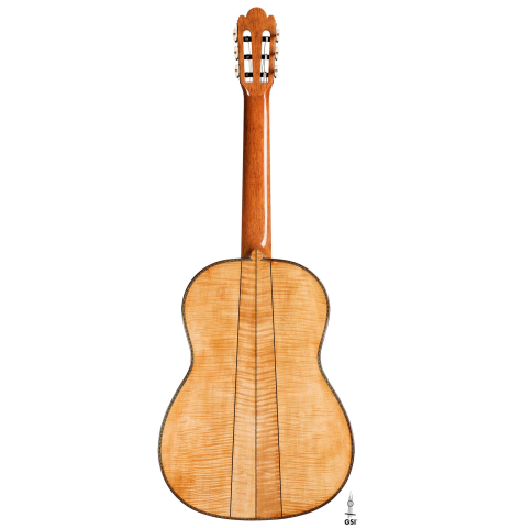The back of a 2023 Wolfgang Jellinghaus “Torres 43” classical guitar made with spruce and maple.