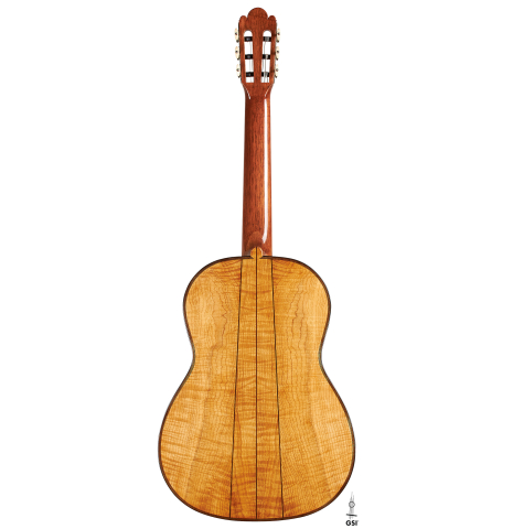 The back of a Wolfgang Jellinghaus “Torres 43” classical guitar made with spruce and maple.