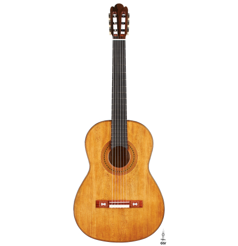 The front of a Wolfgang Jellinghaus “Torres 43” classical guitar made with spruce and maple.