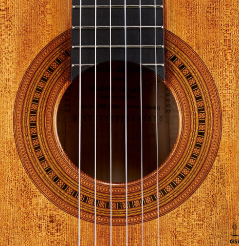 The rosette of a Wolfgang Jellinghaus “Torres 43” classical guitar made with spruce and maple