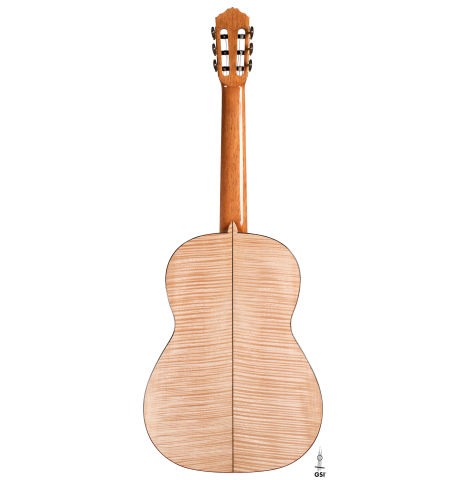 The back of a 2023 Wolfgang Jellinghaus &quot;1912 Ex-Segovia&quot; classical guitar made of spruce and maple