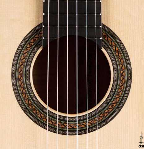 The rosette of a 2023 Wolfgang Jellinghaus &quot;1912 Ex-Segovia&quot; classical guitar made of spruce and maple