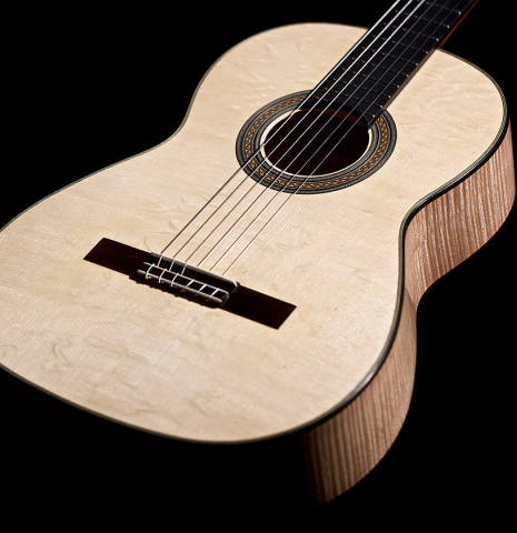 The front of a 2023 Wolfgang Jellinghaus &quot;1912 Ex-Segovia&quot; classical guitar made of spruce and maple