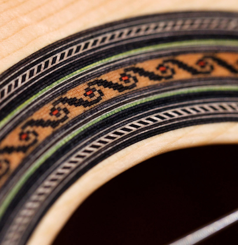 The rosette of a 2023 Wolfgang Jellinghaus &quot;1912 Ex-Segovia&quot; classical guitar made of spruce and maple