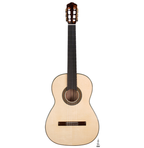The front of a 2023 Wolfgang Jellinghaus &quot;1912 Ex-Segovia&quot; classical guitar made of spruce and maple