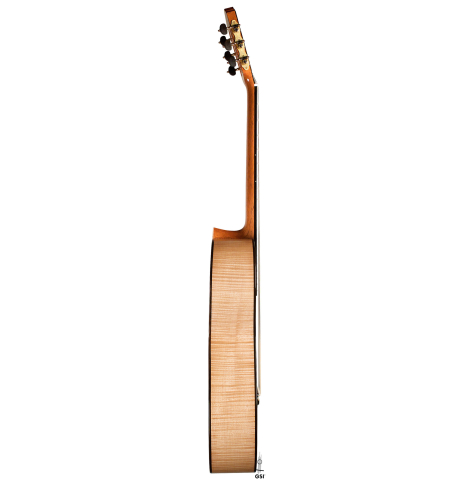 The side of a 2023 Wolfgang Jellinghaus &quot;1912 Ex-Segovia&quot; classical guitar made of spruce and maple