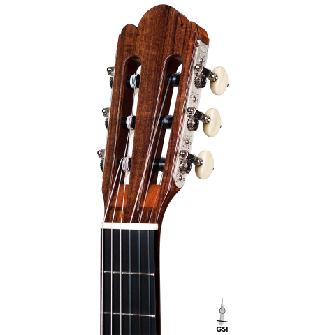 The headstock and tuners of a 2022 Wolfgang Jellinghaus &quot;Torres 77&quot; classical guitar made with spruce and cypress