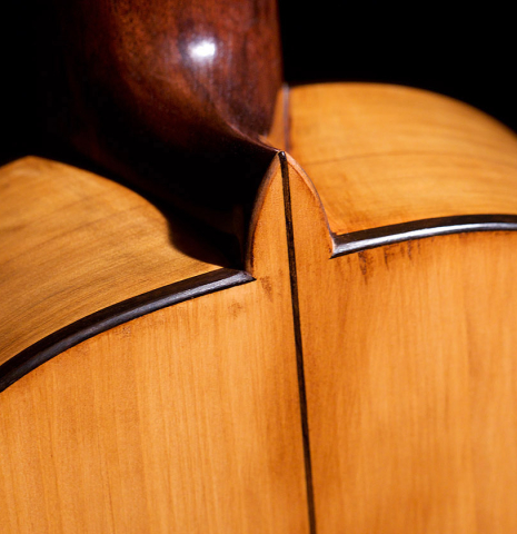 The heel and back of a Wolfgang Jellinghaus &quot;Torres 77&quot; classical guitar made with spruce and cypress