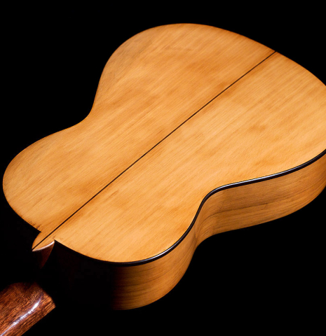 The smaller back of a Wolfgang Jellinghaus &quot;Torres 77&quot; classical guitar made with spruce and cypress