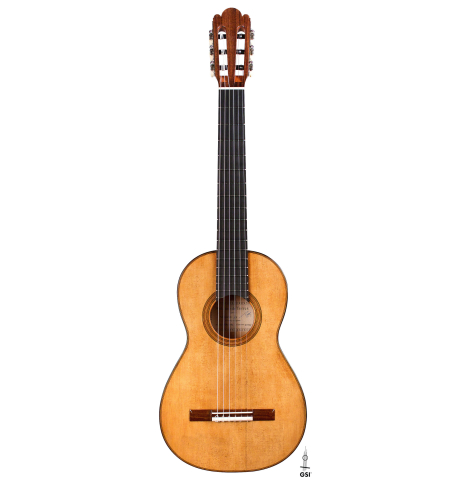 The front of a Wolfgang Jellinghaus &quot;Torres 77&quot; classical guitar made with spruce and cypress