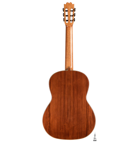 The back of a Wolfgang Jellinghaus "Alemana" 1a CD/CD" classical guitar made of cedar and African rosewood