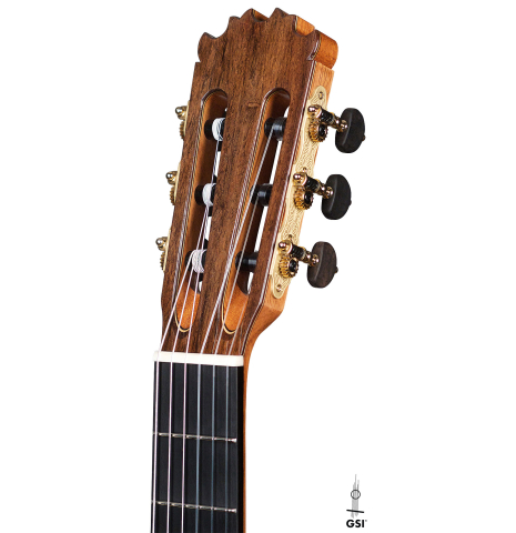 The headstock of a Wolfgang Jellinghaus "Alemana" 1a CD/CD" classical guitar made of cedar and African rosewood