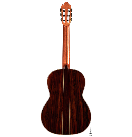 The back of a 2022 Wolfgang Jellinghaus "Signature SP/SP" double top classical guitar made of spruce and ziricote