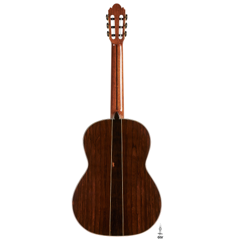 The back of a 2024 Wolfgang Jellinghaus "Signature SP/SP" double top classical guitar made of spruce and ziricote