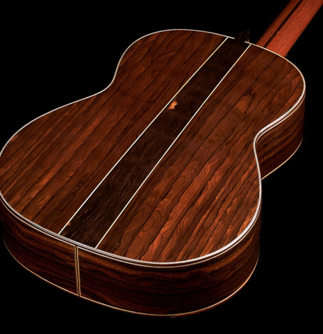 The back and sides of a 2024 Wolfgang Jellinghaus "Signature SP/SP" double top classical guitar made of spruce and ziricote