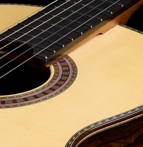 The soundboard and elevated fingerboard of a 2026 Wolfgang Jellinghaus "Signature SP/SP" double top classical guitar made of spruce and ziricote