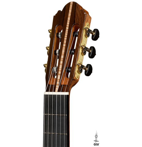 The headstock of a 2026 Wolfgang Jellinghaus "Signature SP/SP" double top classical guitar made of spruce and ziricote