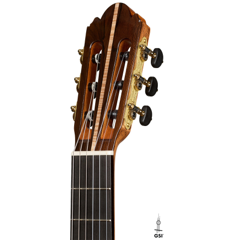 The headstock of a 2026 Wolfgang Jellinghaus "Signature SP/SP" double top classical guitar made of spruce and ziricote