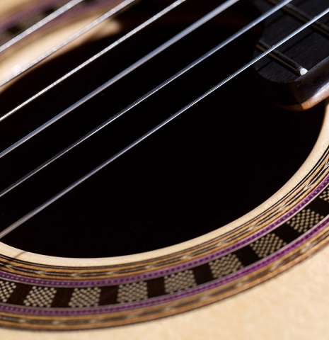 The rosette of a 2023 Wolfgang Jellinghaus &quot;Signature SP/SP 640&quot; classical guitar made of spruce and granadillo.