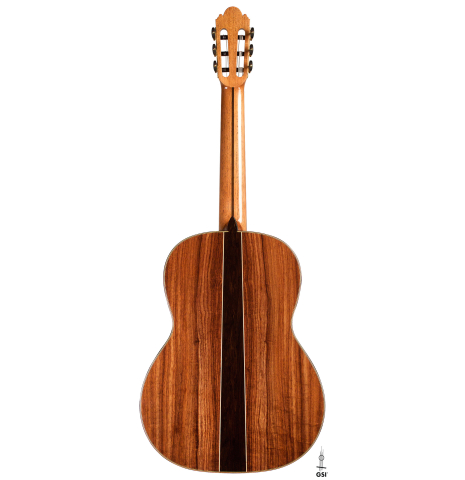 The back of a 2023 Wolfgang Jellinghaus &quot;Signature SP/SP 640&quot; classical guitar made of spruce and granadillo.