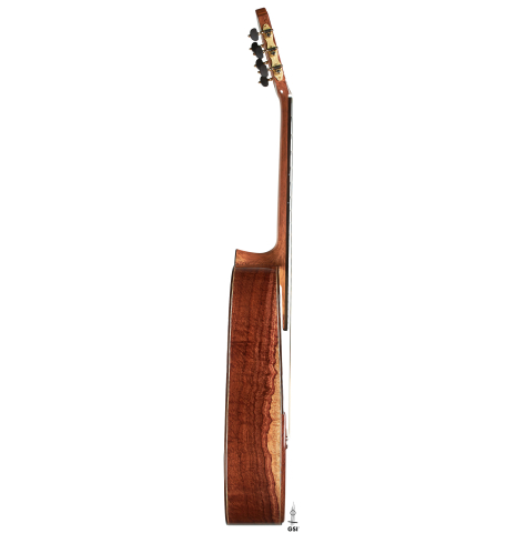 The side of a 2024 Wolfgang Jellinghaus "Signature SP/SP 640" classical guitar made of spruce and granadillo