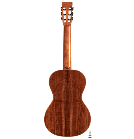 The back of a Wolfgang Jellinghaus "La Romantica A" romantic guitar made with spruce and granadillo.