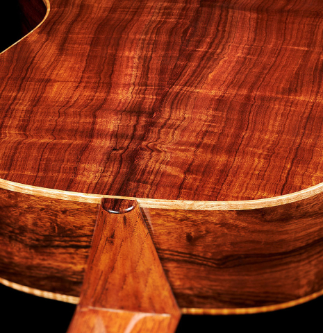 The heel, back, sides and bindings of a Wolfgang Jellinghaus "La Romantica A" romantic guitar made with spruce and granadillo.
