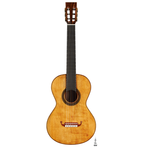 The front of a Wolfgang Jellinghaus "La Romantica A" romantic guitar made with spruce and granadillo.