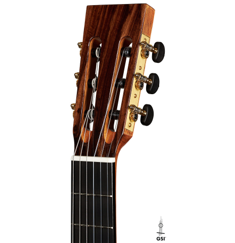 The headstock of a Wolfgang Jellinghaus "La Romantica A" romantic guitar made with spruce and granadillo.
