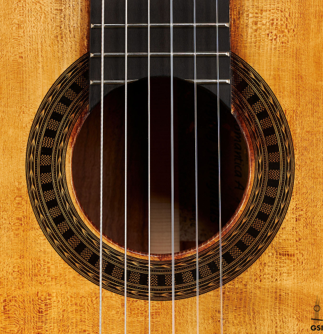 The rosette of a Wolfgang Jellinghaus "La Romantica A" romantic guitar made with spruce and granadillo.
